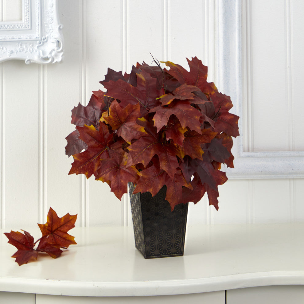 18" Autumn Maple Leaf Artificial Plant, Embossed Planter