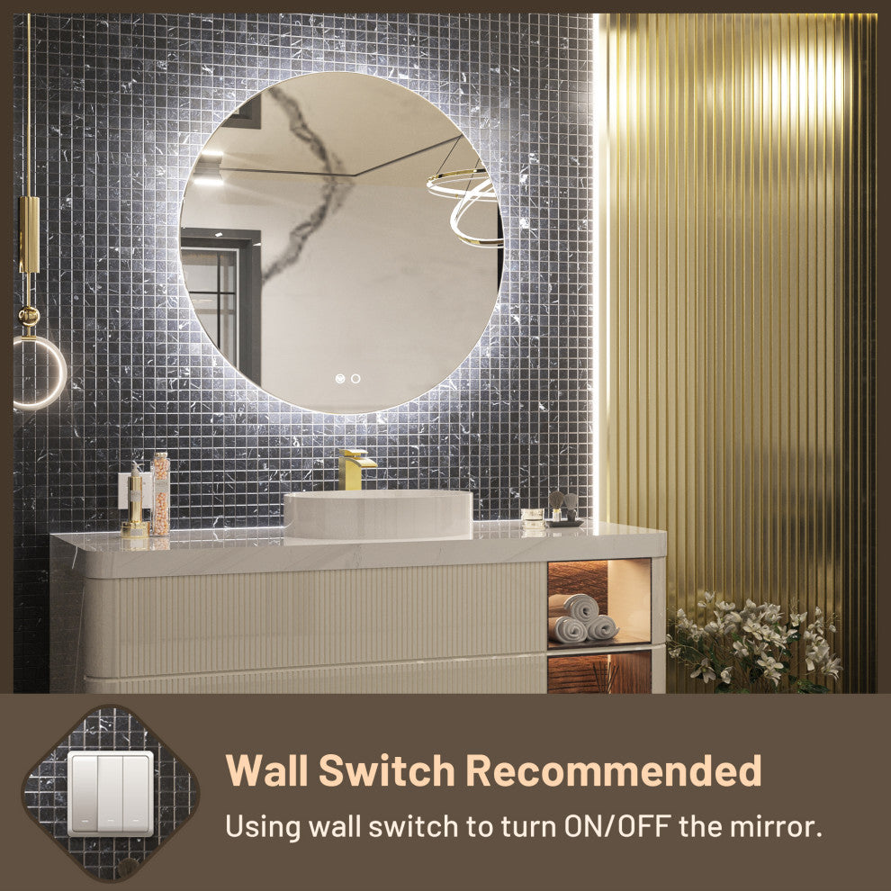 Round LED Vanity Mirror With Backlit, Anti-Fog & Dimmable LED, 24x24
