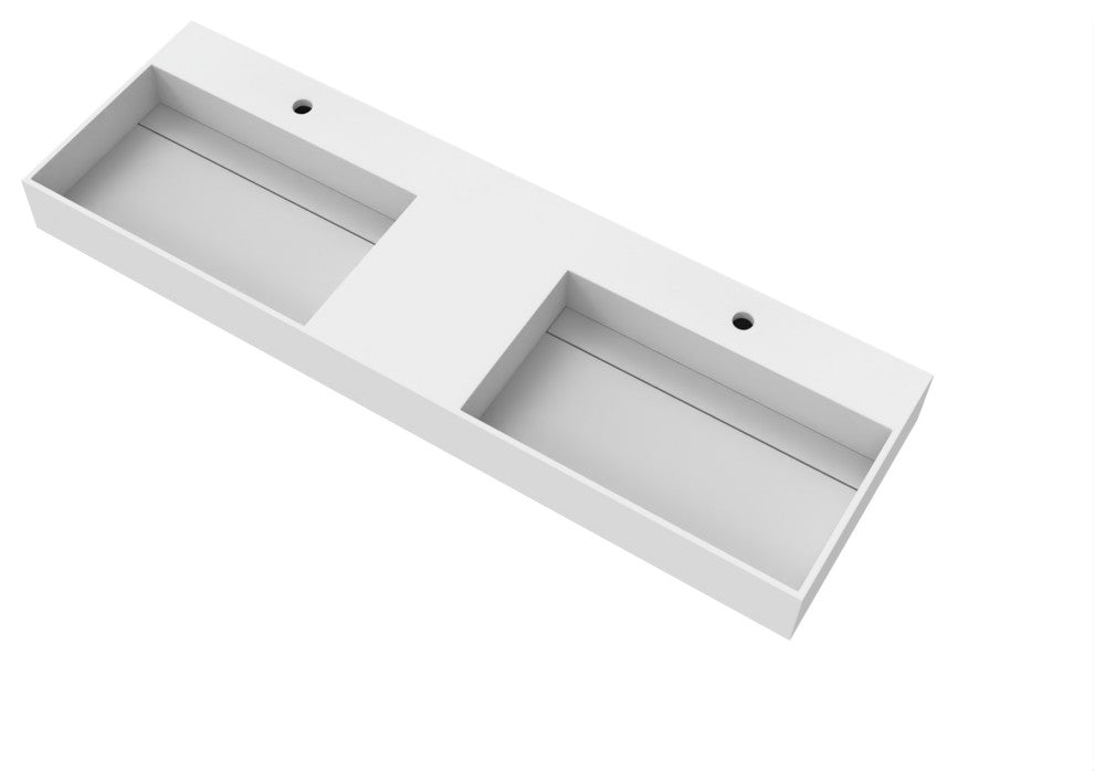 CastelloUSA Juniper Wall Mounted Countertop Concealed Drain Basin Sink, White, 60, Double Basin, Standard