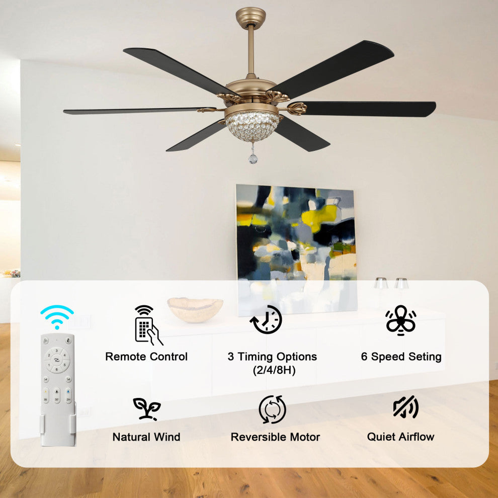 65" Modern Crystal Ceiling Fan with Dimmable LED Light and Remote, Black