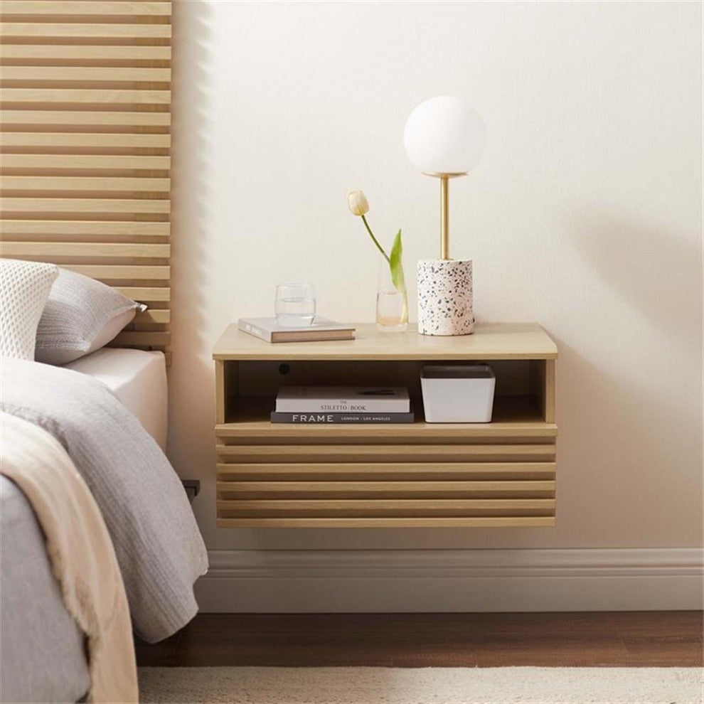 Modway Render 1-Drawer Wall-Mount Modern Wood Nightstand in Oak