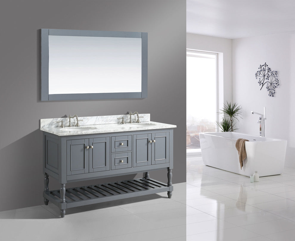 Silvia Bathroom Sink Vanity Set, White Marble Top, Base: Charcoal, 60"