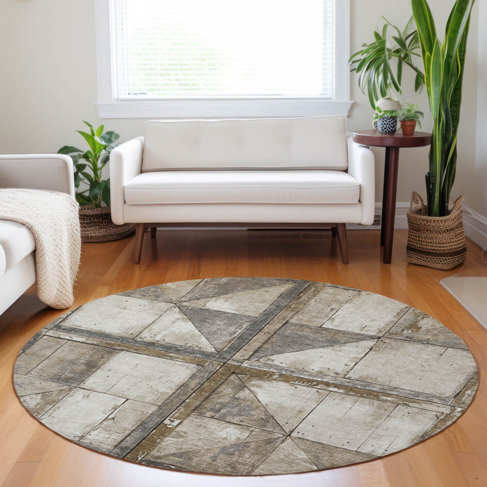 Machine Washable Indoor/Outdoor Chantille ACN1875 Beige 8' x 8' Round Rug