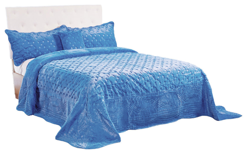 Tatami Quilted Faux Fur Bedspread Set, Palace Blue, Queen