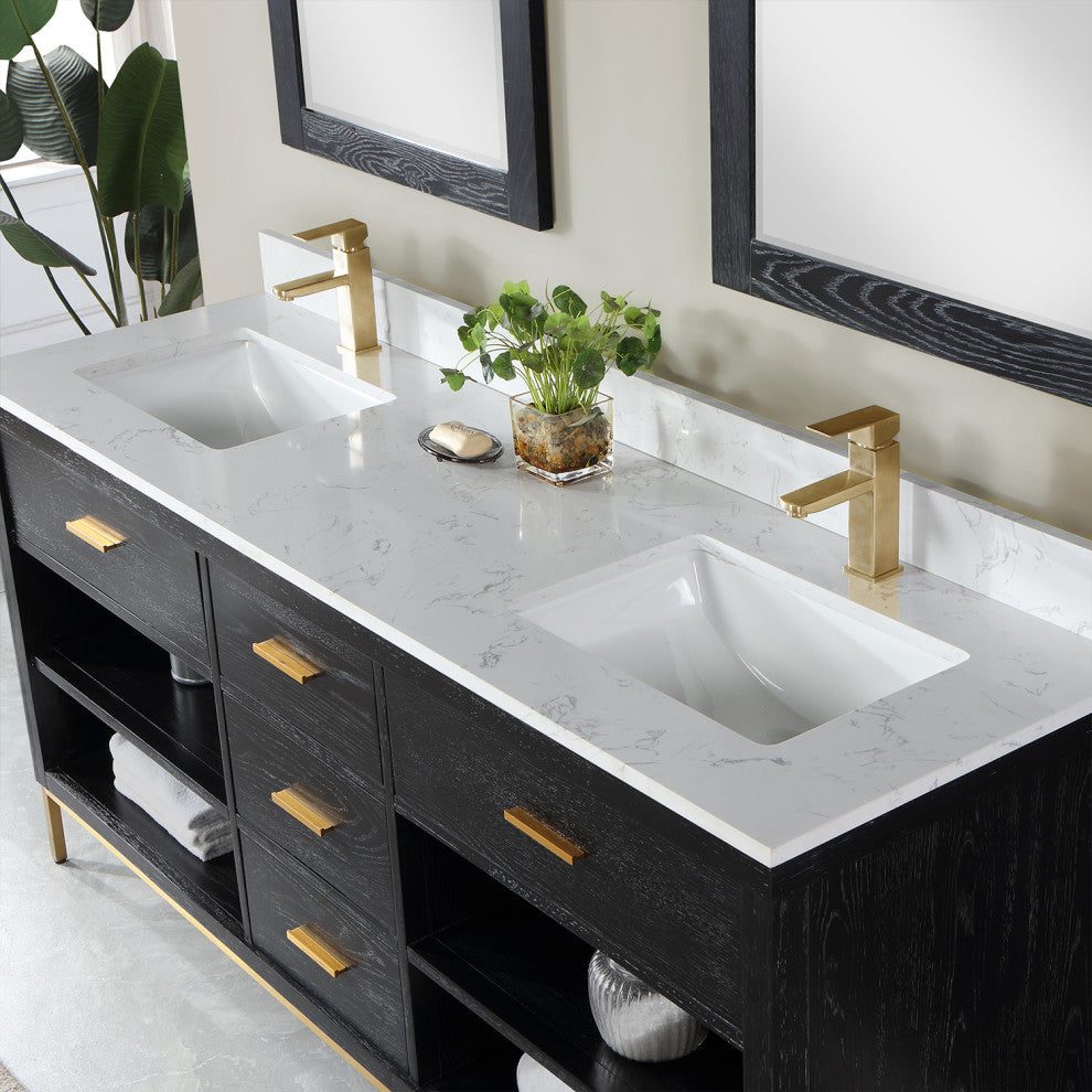Kesia Black Oak Bathroom Vanity Set, 72", With Mirror