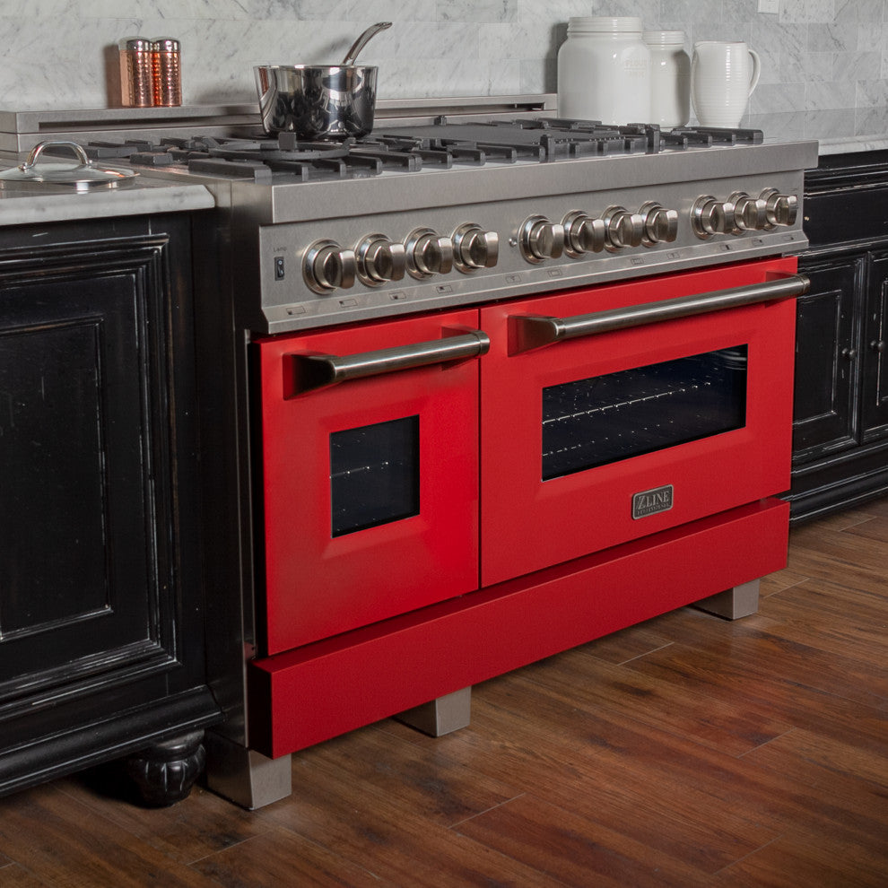 ZLINE 48" Dual Fuel Range, DuraSnow With Red Matte Door RAS-RM-48