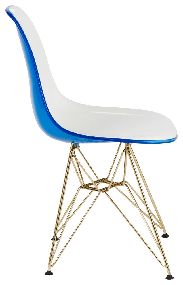 LeisureMod Cresco Molded 2-Tone Eiffel Side Chair With Gold Base White Blue