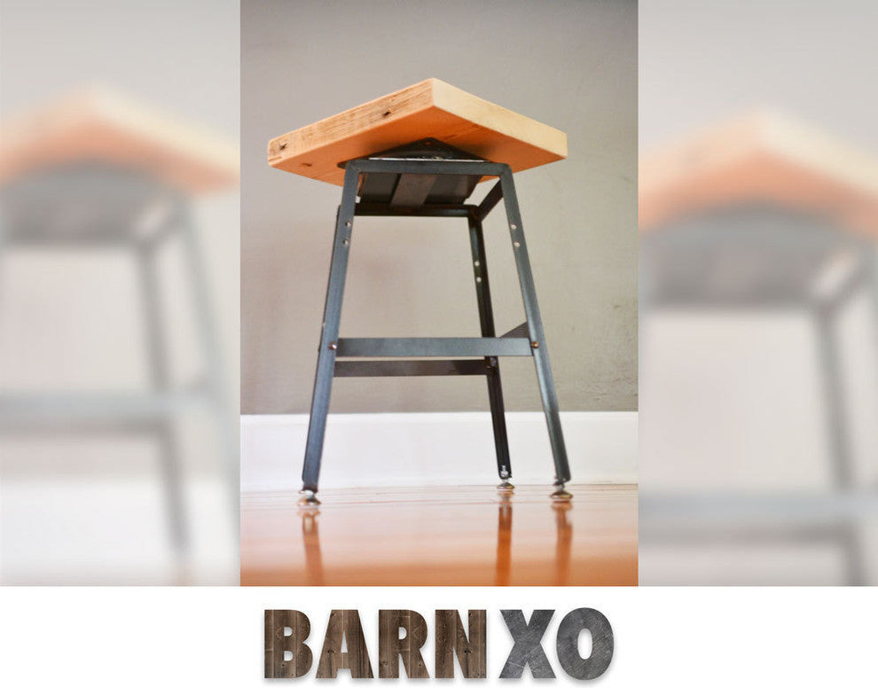 Reclaimed Barn Wood And Steel Swivel Stool 18x16x16, Scorched