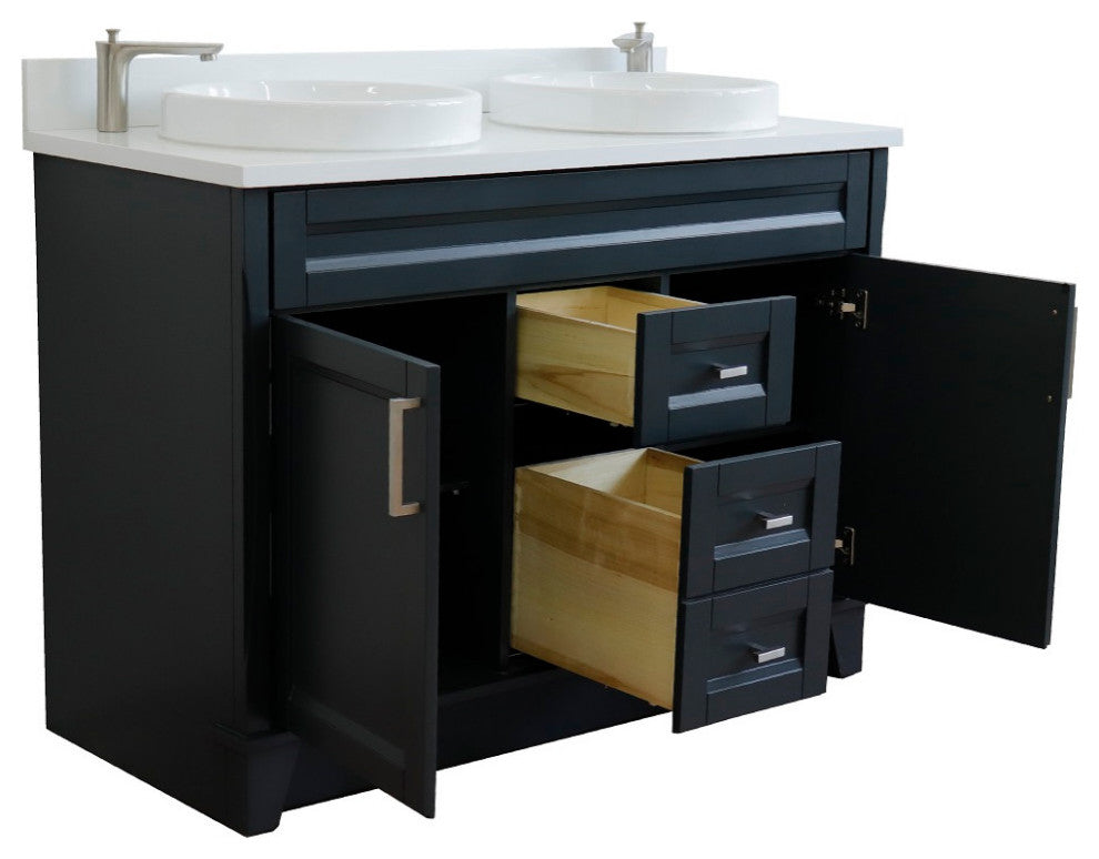 48" Double Sink Vanity, Dark Gray Finish With Engineered Stone Top, Round Sink