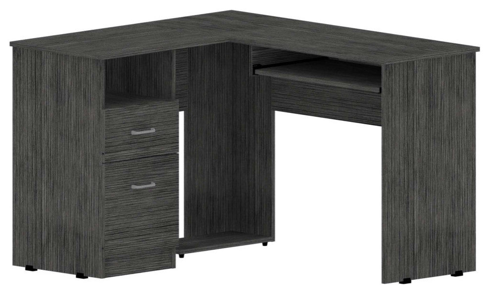 Raleigh L-Shaped Office Desk with 2 Drawers, Open Shelf, CPU Storage, Smoky Oak