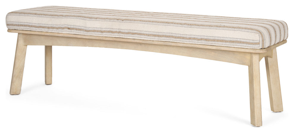 Taimo White Washed Light Brown Wood With Striped Fabric Seat Bench
