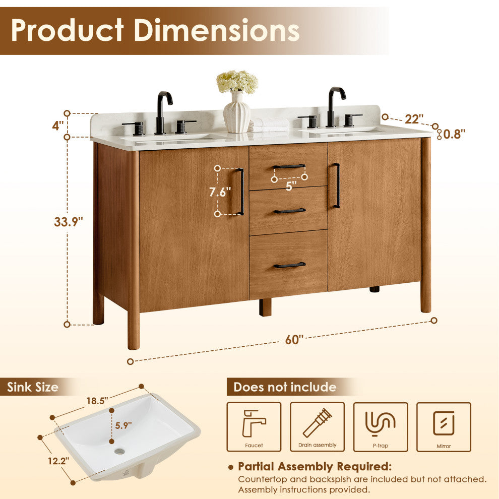 Velora Bathroom Vanity, Mango Brown, 60", No Mirror