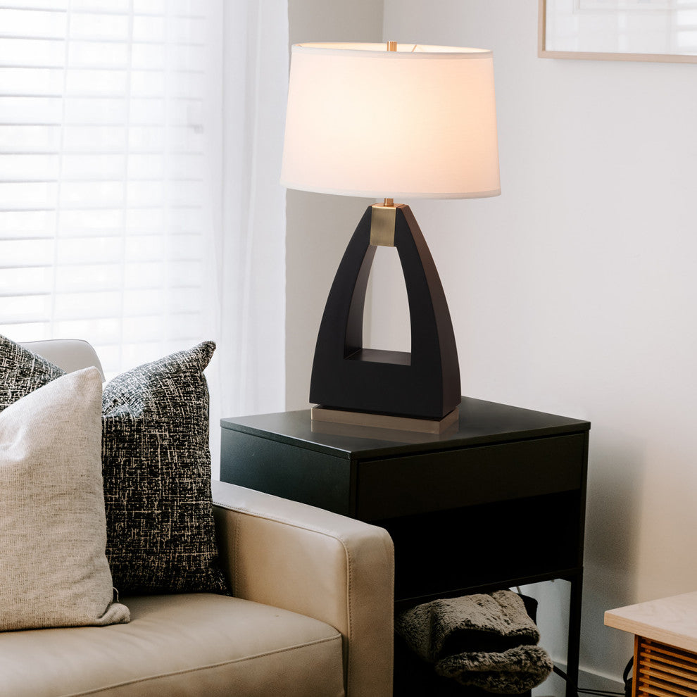 Trina Table Lamp - Wood Finish, Weathered Brass, White Linen Shade, 3-Way Switch