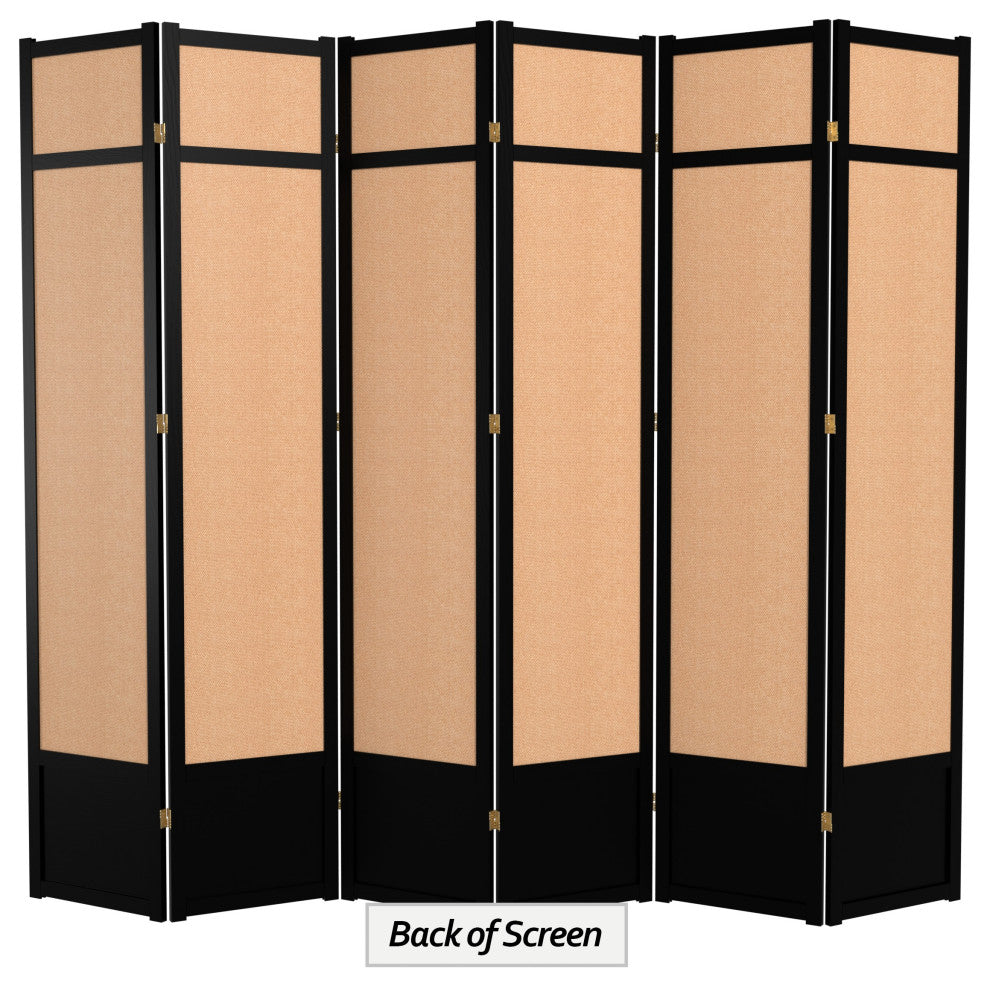 7' Tall Jute Shoji Screen, 6 Panel, Black