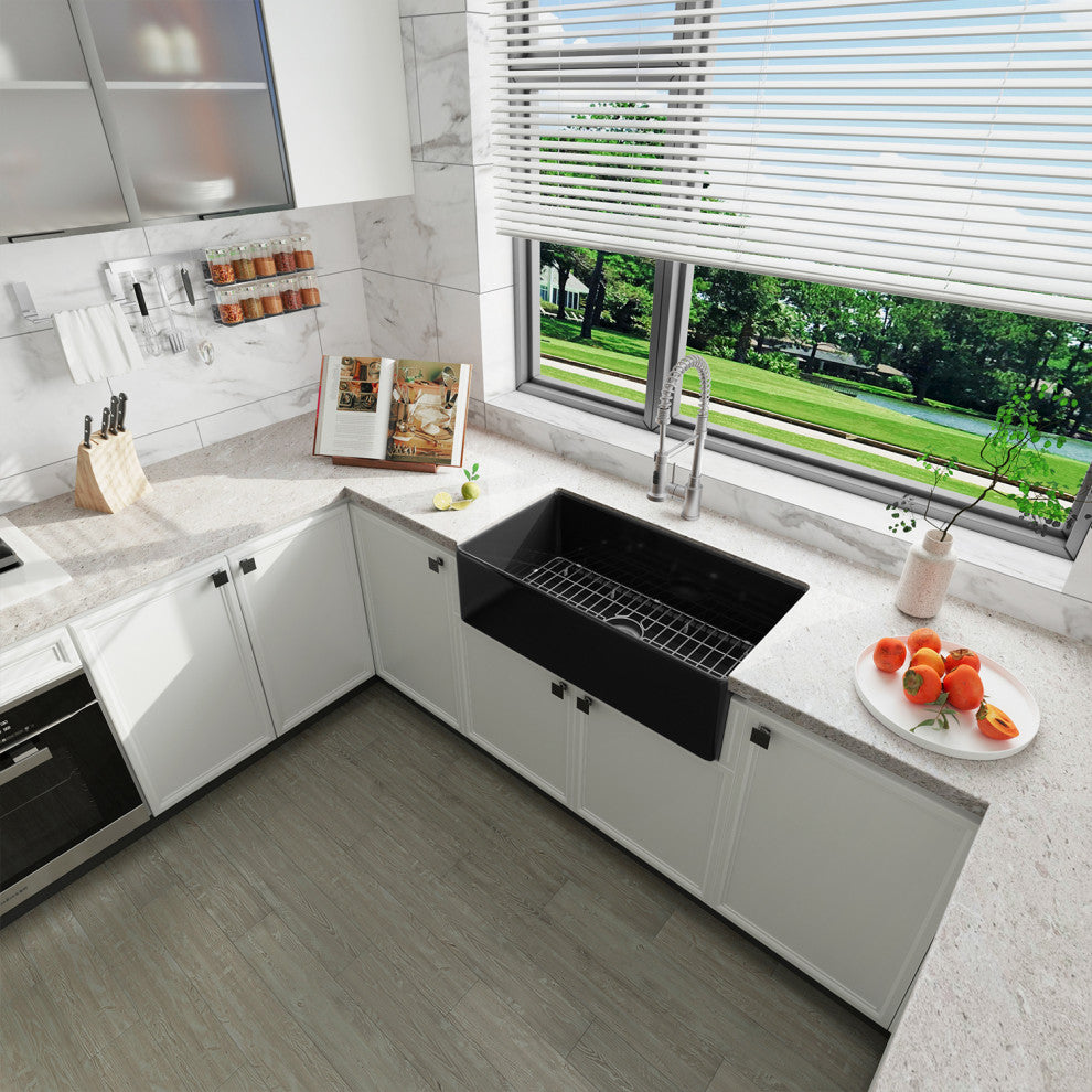 Sinber Farmhouse Apron Single Bowl Kitchen Sink with Fireclay 2 Accessories, Black, 33" X 18"