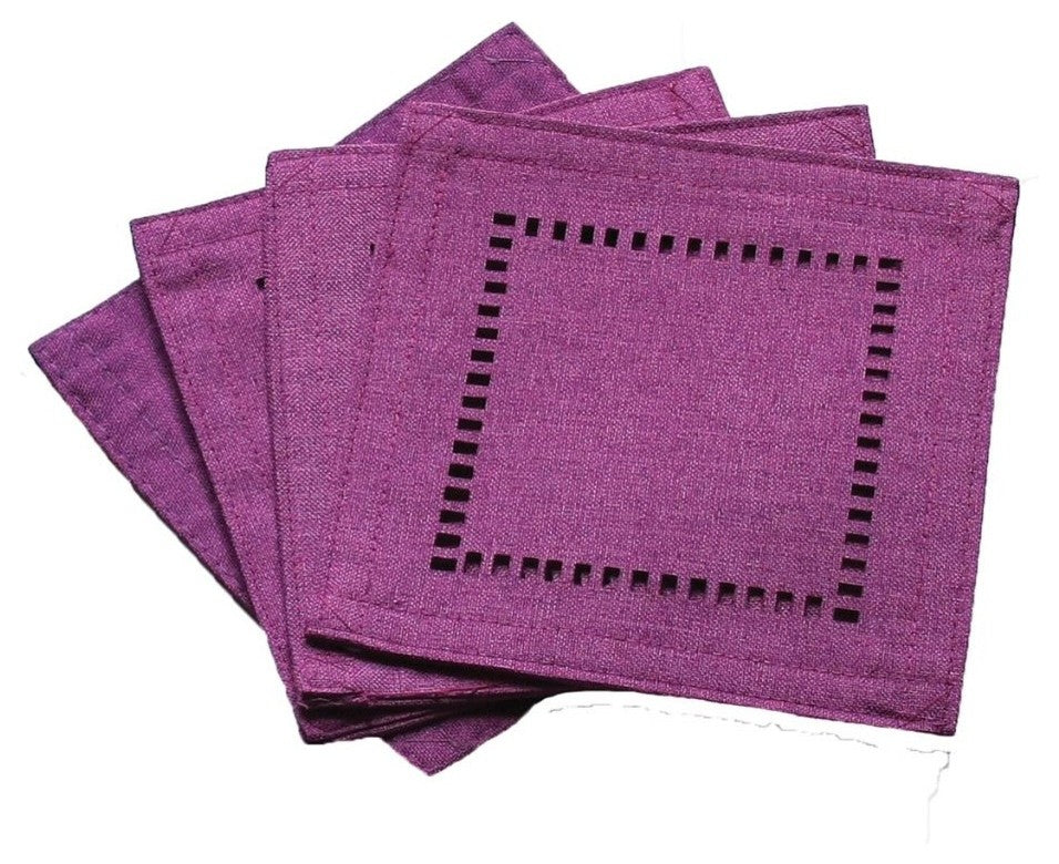 Melrose Easy Care Cutwork Hemstitch Coaster, Gold, 6"x6", Set of 12, Plum