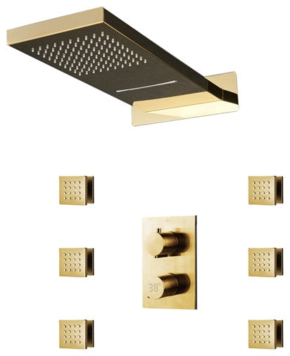 Avellino 22" Brushed Gold Rainfall Shower System, 6 Jetted Body Sprays, Non LED