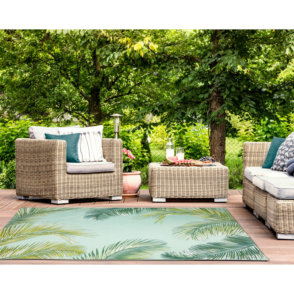 Marina Palm Border Indoor/Outdoor Rug, Aqua, 4'10"x7'6"