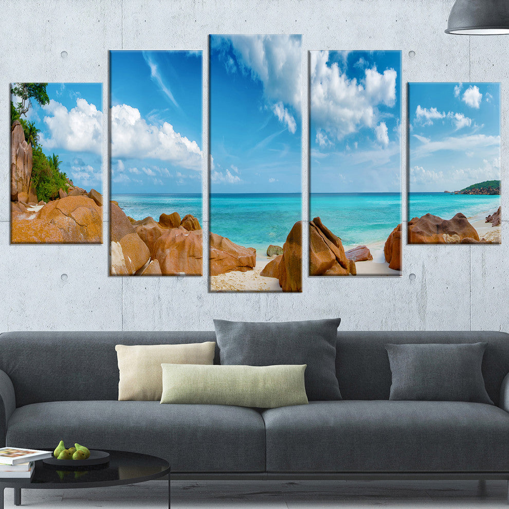 "Rocky Seychelles Island Panorama" Oversized Beach Wall Art, 5 Panels, 60"x32"