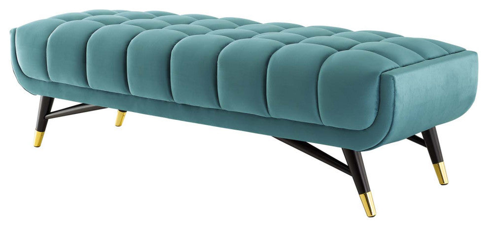 Accent Chair Bench, Velvet, Blue, Modern, Living Lounge Hotel Lobby Hospitality