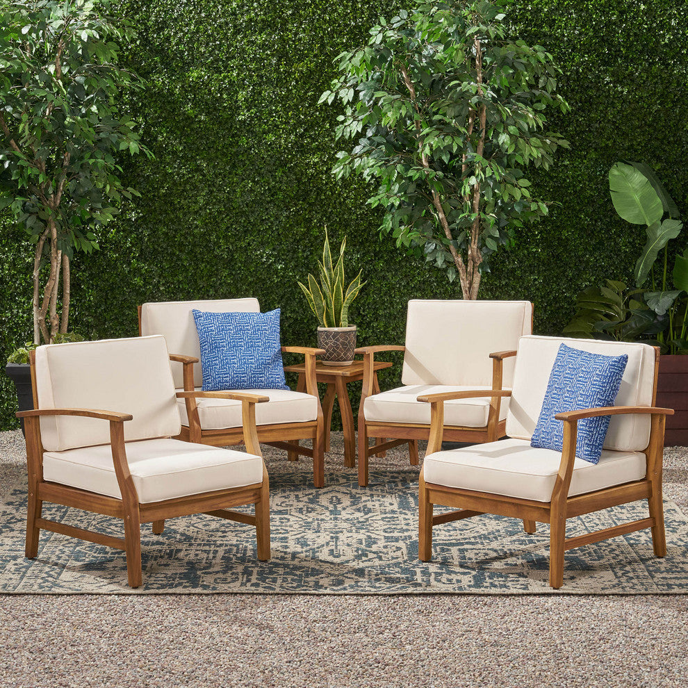 GDF Studio Pearl Outdoor Teak Acacia Wood Club Chairs With Cushion, Cream, Set of 4