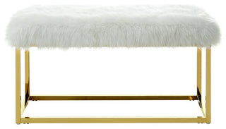 Astraea Faux Fur Metal Frame Ottoman Bench, White/Gold