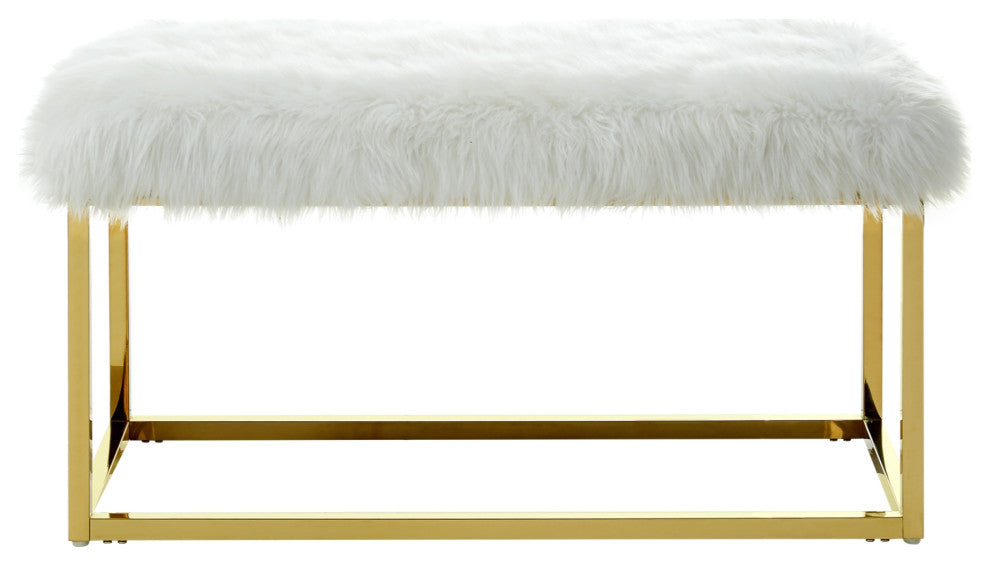 Astraea Faux Fur Metal Frame Ottoman Bench, White/Gold