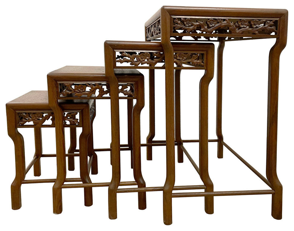 Consigned Early 20th Century Chinese Carved Teak Wood Nesting Table Set