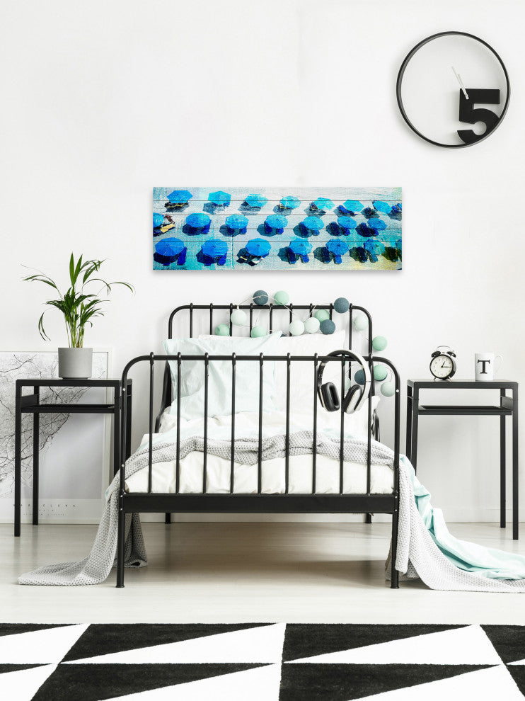 "Umbrellas Blue" Painting Print on White Wood, 60"x20"