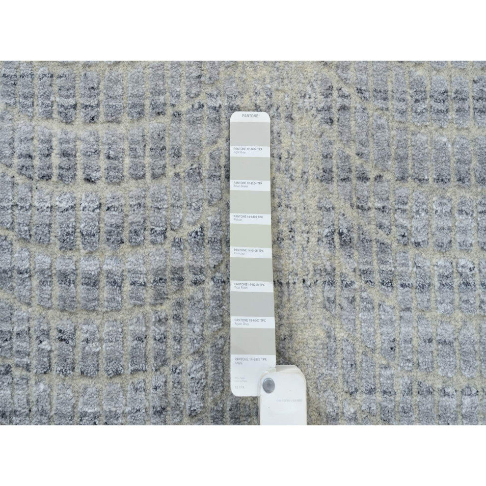 Gray, Jacquard Hand Loomed, Wool and Plant Based Silk, Runner, Rug, 2'6" x 12'0"