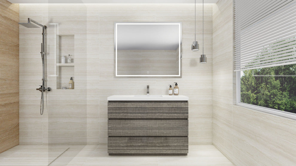 Alston 48" Free Standing Modern Vanity, High Gloss Ash Gray, Glossy White Top