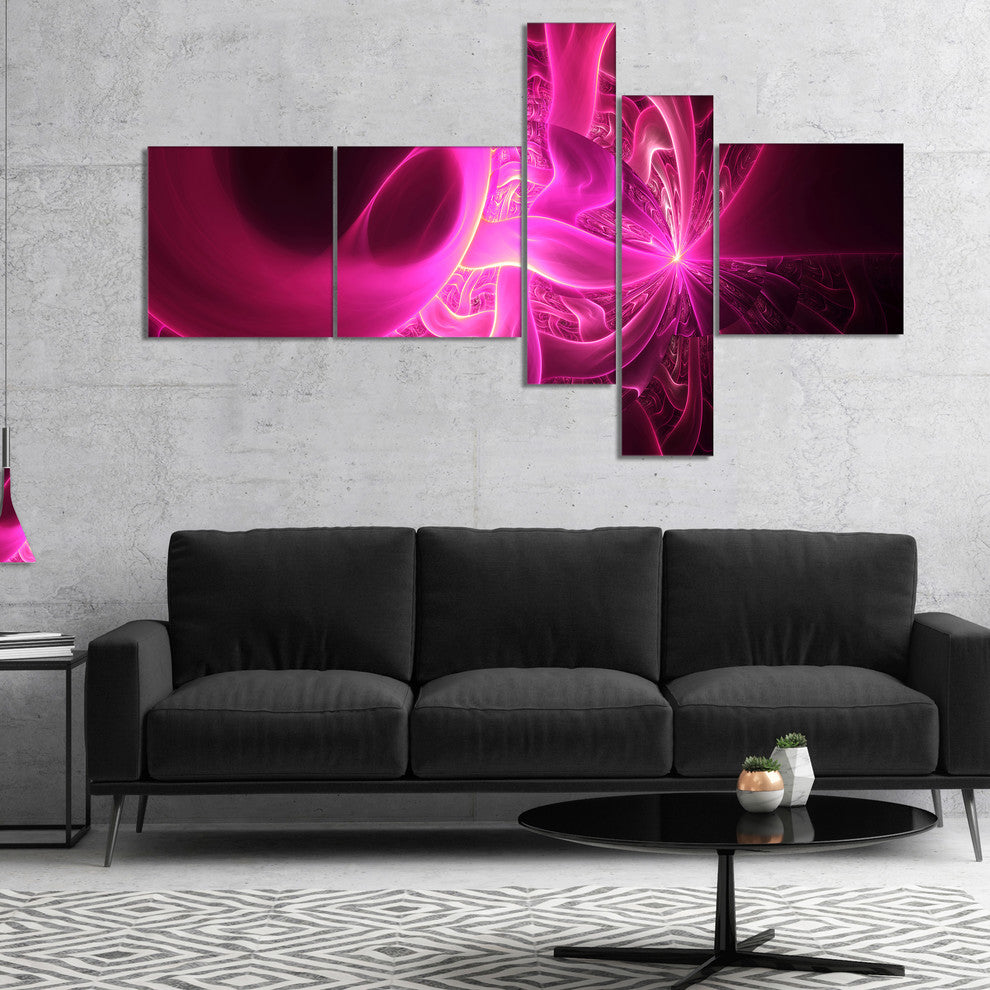 Bright Pink Designs on Black, Abstract Wall Art Canvas, 60"x32", 5 panels