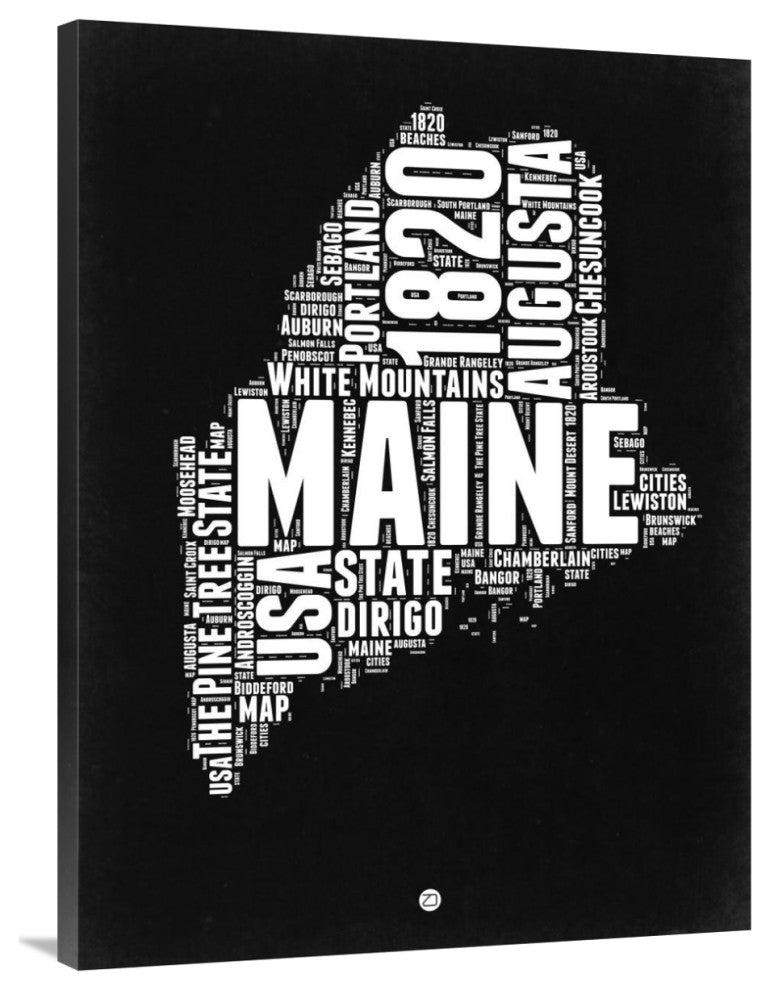 "Maine Black and White Map" Fine Art Print
