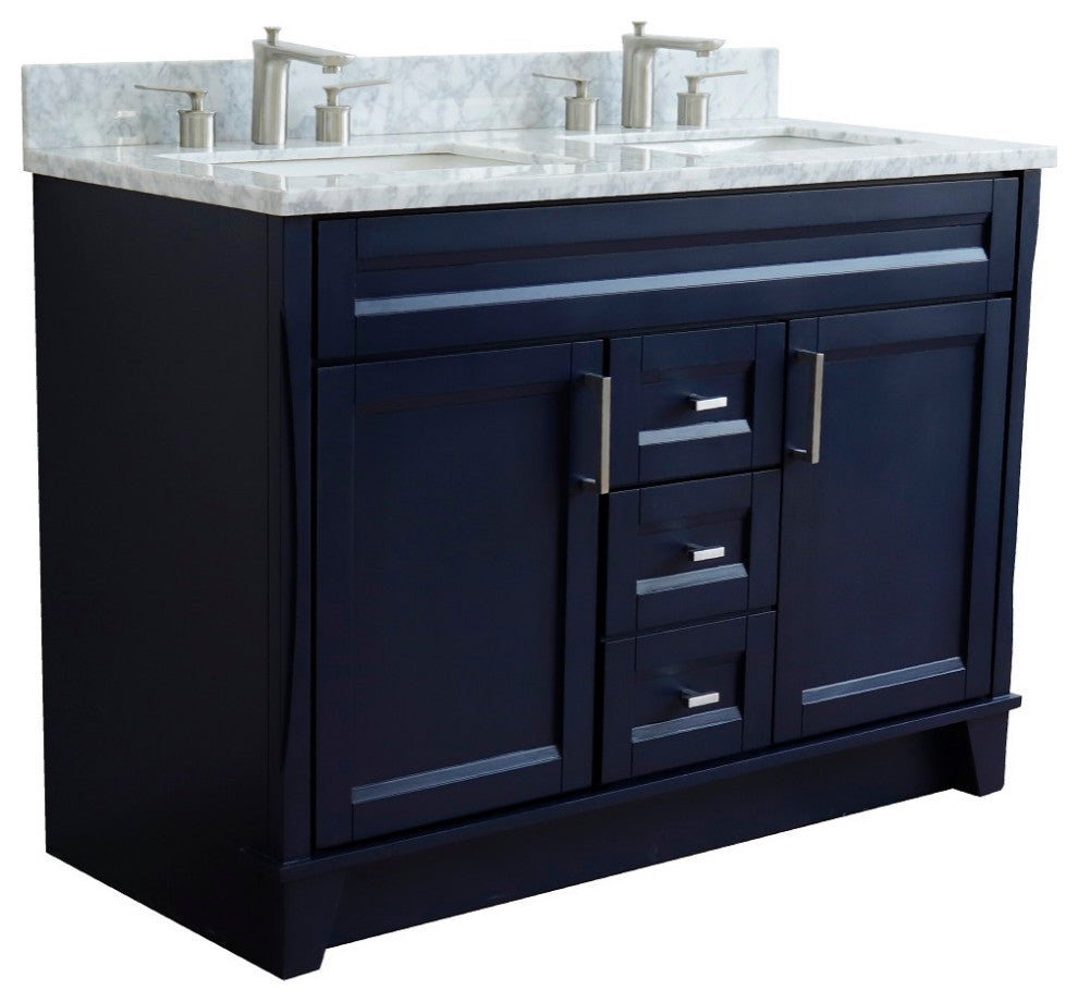 48" Double Sink Vanity, Blue Finish With White Carrara Marble