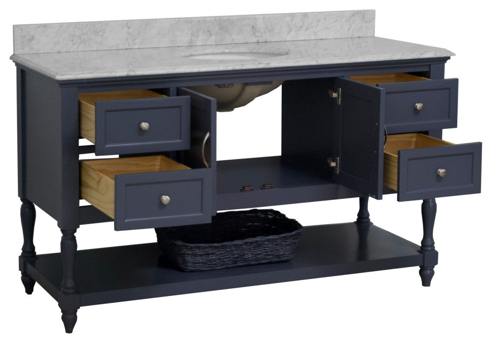 Beverly 60" Bath Vanity, Marine Gray, Carrara Marble, Single Vanity