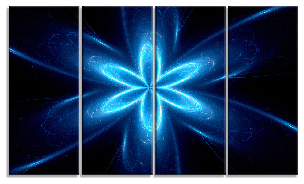Blue Glowing Space Fractal Flower, Flower Artwork on Canvas, 48"x28", 4 Panels