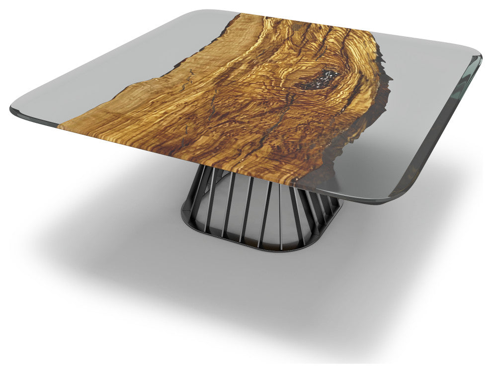 Egina Square Olive Dining Table, Light Smoked Top & Black Chrome Base, 10 Seater