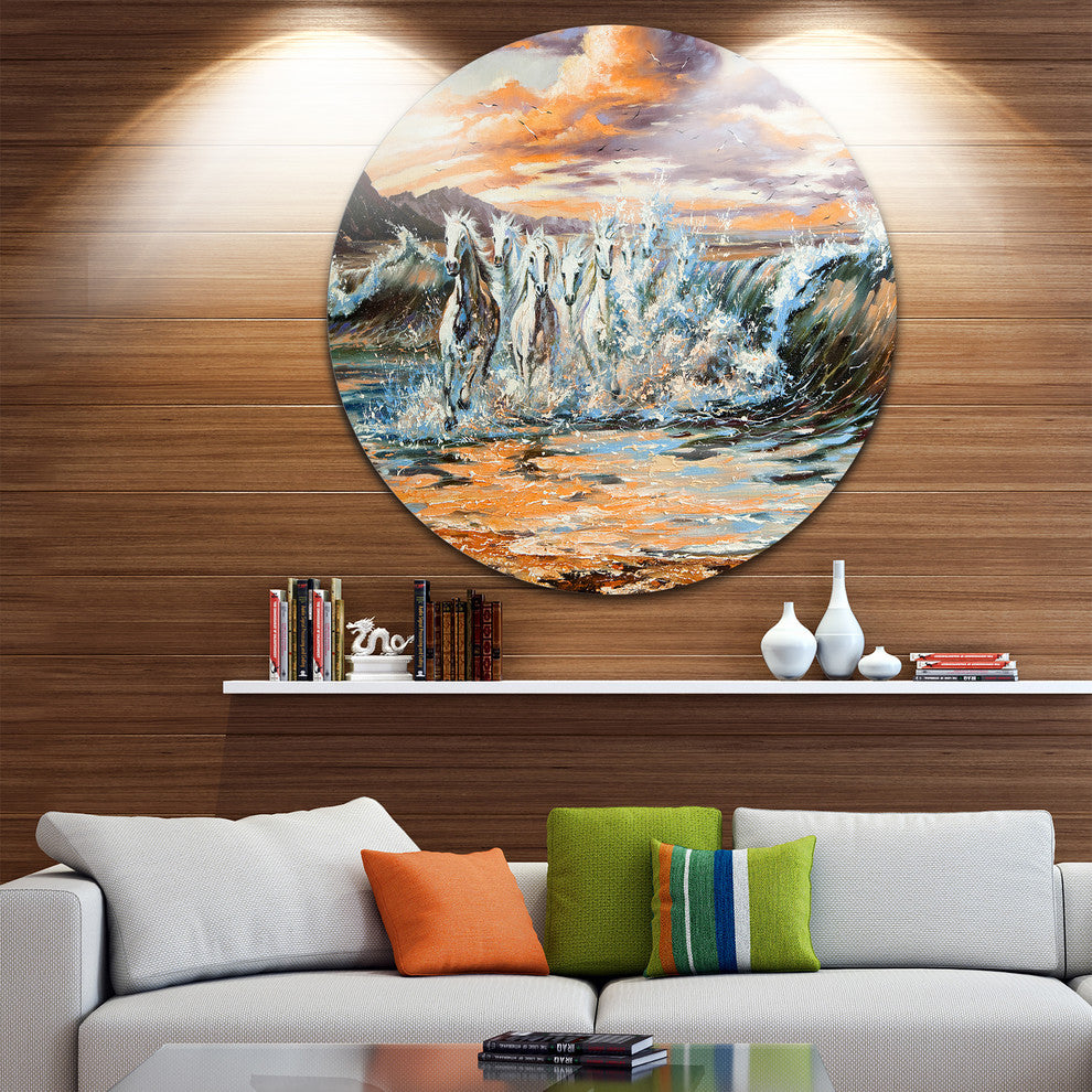 Horses From Waves, Animal Digital Art Round Wall Art, 23"