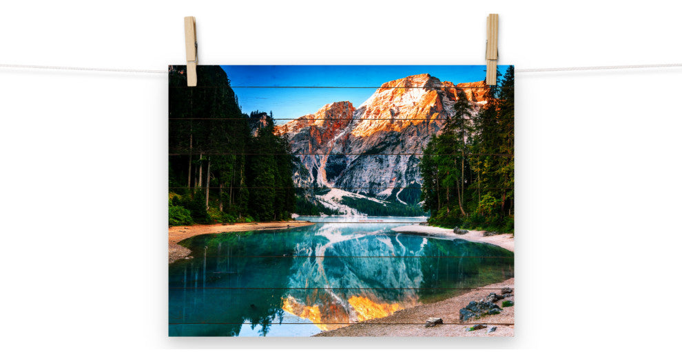 Faux Wood Misty Lake and Snow-cap Mountain Reflections Unframed Wall Art Prints, 11" X 14"