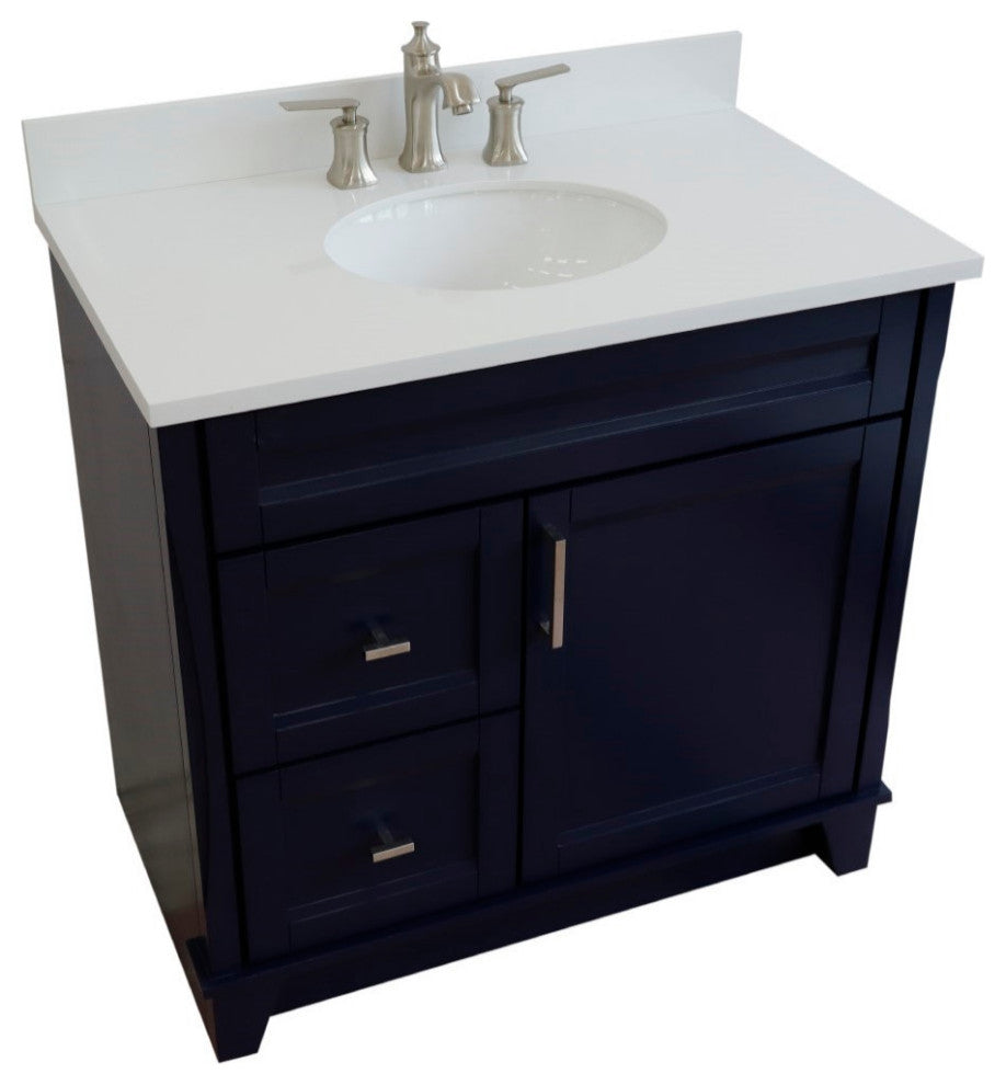 37" Single Sink Vanity, Blue Finish With White Engineered Stone Top