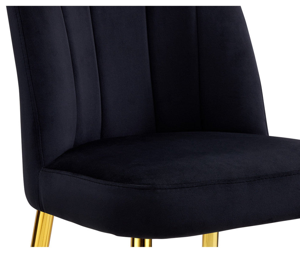 Set of 2 Dining Chair, Golden Legs & Channel Quilted Back With Crown Top, Black