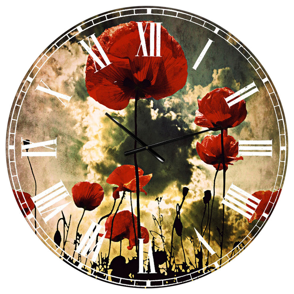 Poppies On Thunderstorm Background Floral Metal Clock, 36x36