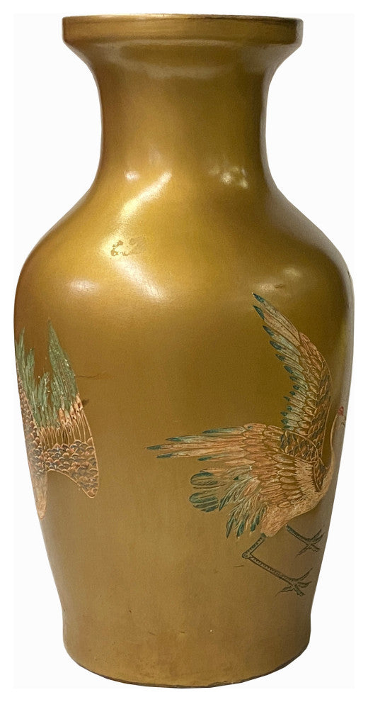 Vintage Handmade Chinese Matte Gold Paint Cranes Motif Vase Hws1847