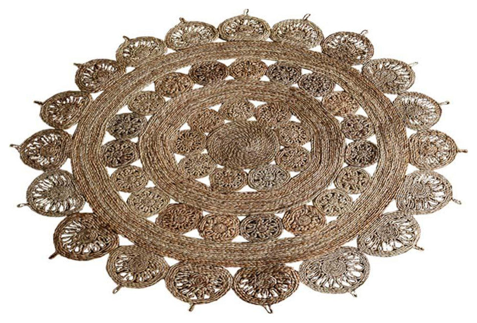 Hand Woven Jute Area Rug Oriental Beige, [Round] 4'x4'