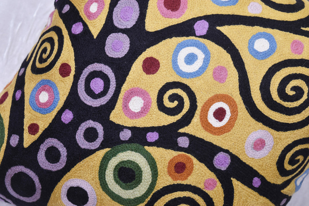 Klimt Yellow Pillow Cover Chair Soulful Tree of Life Hand Embroidered Wool 18x18