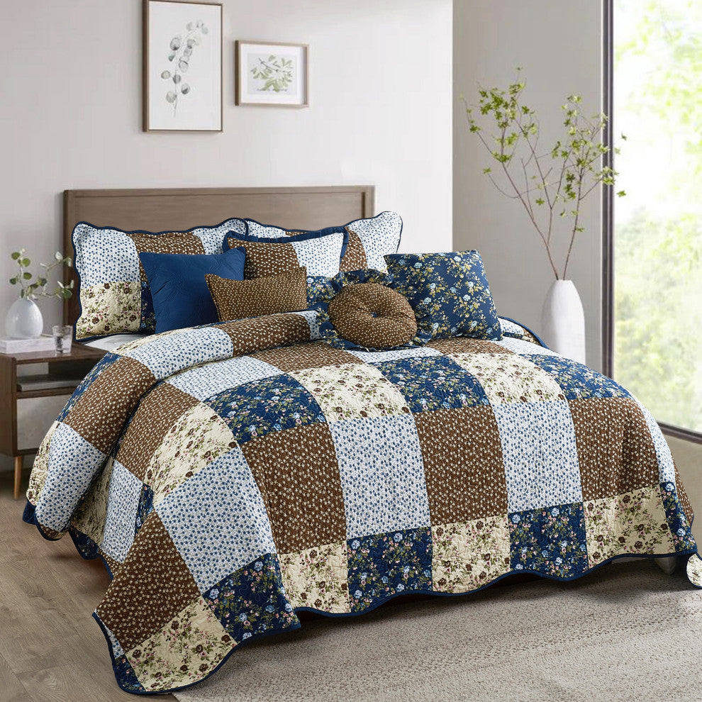 Patchwork Quilted 8-Piece Bed Spread Coverlet Set, Dark Blue, King