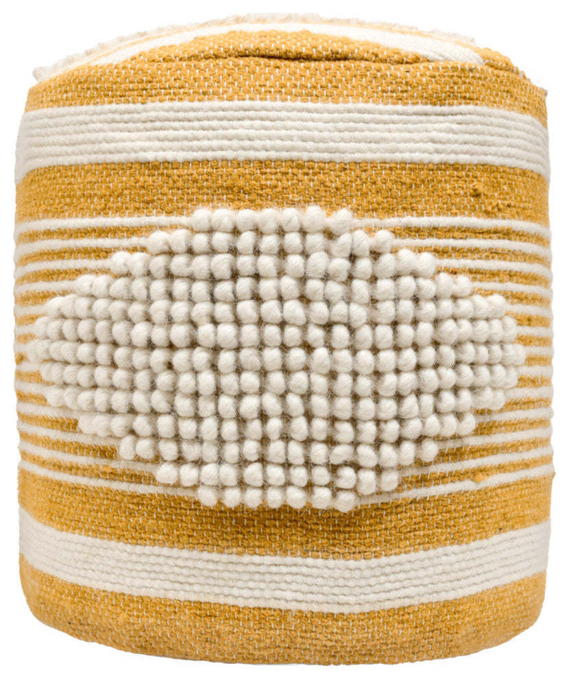 Villard Boho Handcrafted Fabric Cylinder Pouf, White + Mustard Yellow