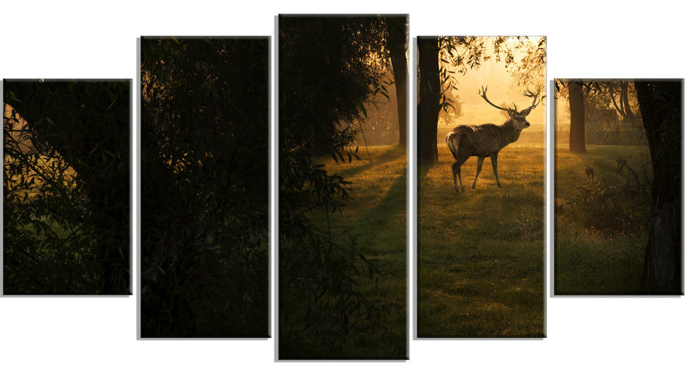 Deer In Sunset In Deep Forest, Large Forest Canvas Art Print, 60"x32", 5 Panels