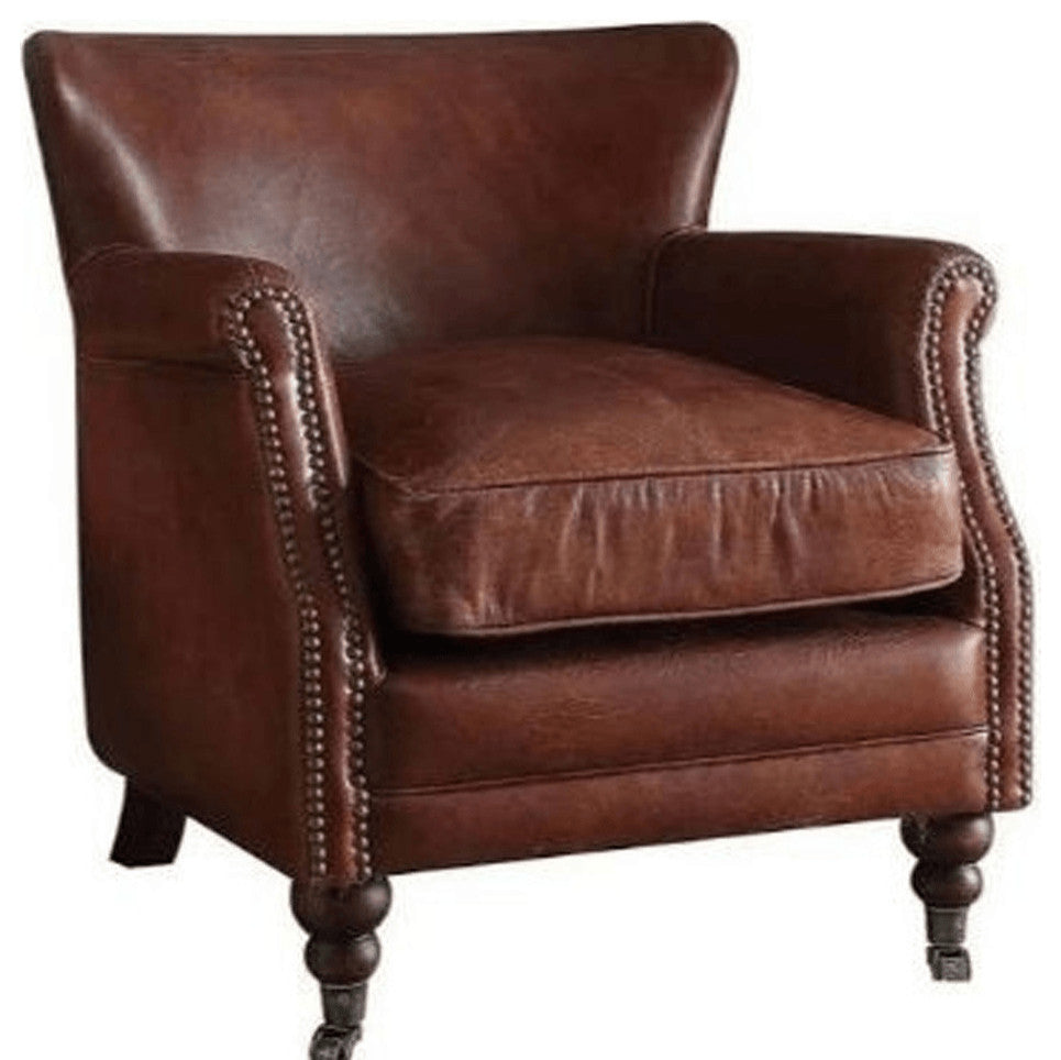 24" Vintage Dark Brown Top Grain Leather And Brown Solid Color Wingback Chair