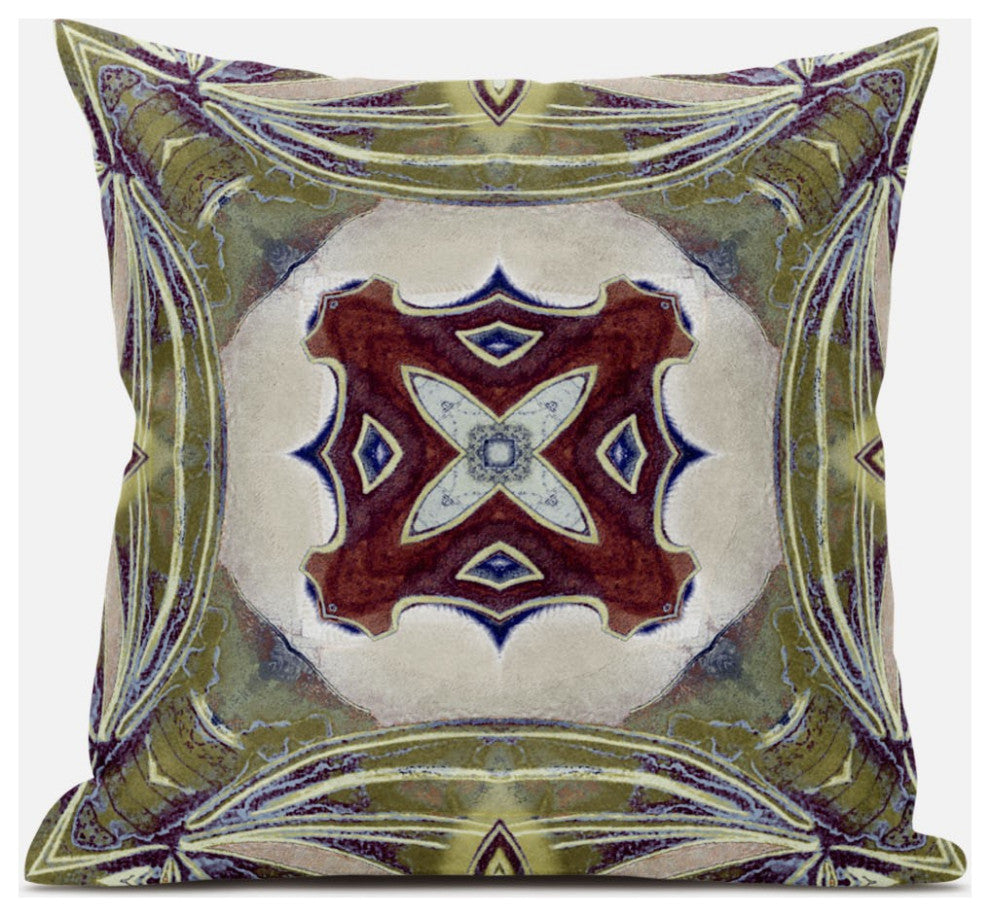 18" Green Brown Geo Tribal Suede Throw Pillow
